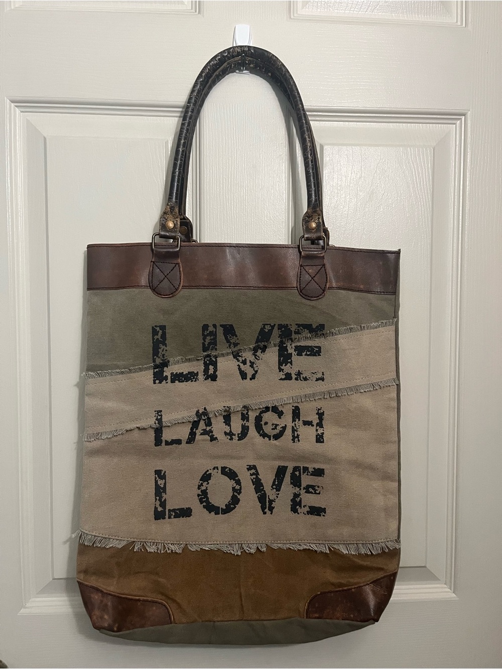Live Laugh Love Canvas Tote Bag Leather and Cotton Materials Farmhouse Rustic